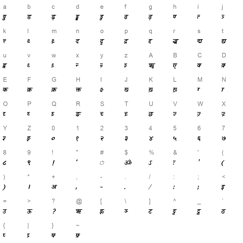 DV TTSurekh Bold Italic Character Map