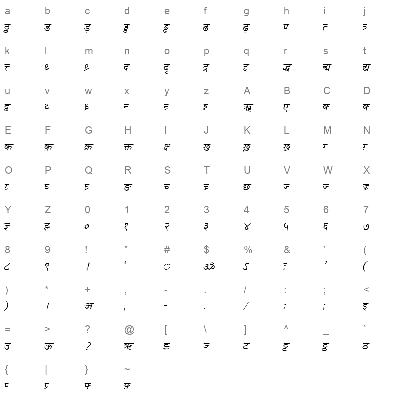 DV TTSurekh Italic Character Map