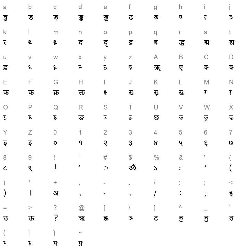 DV TTYogesh Bold Character Map