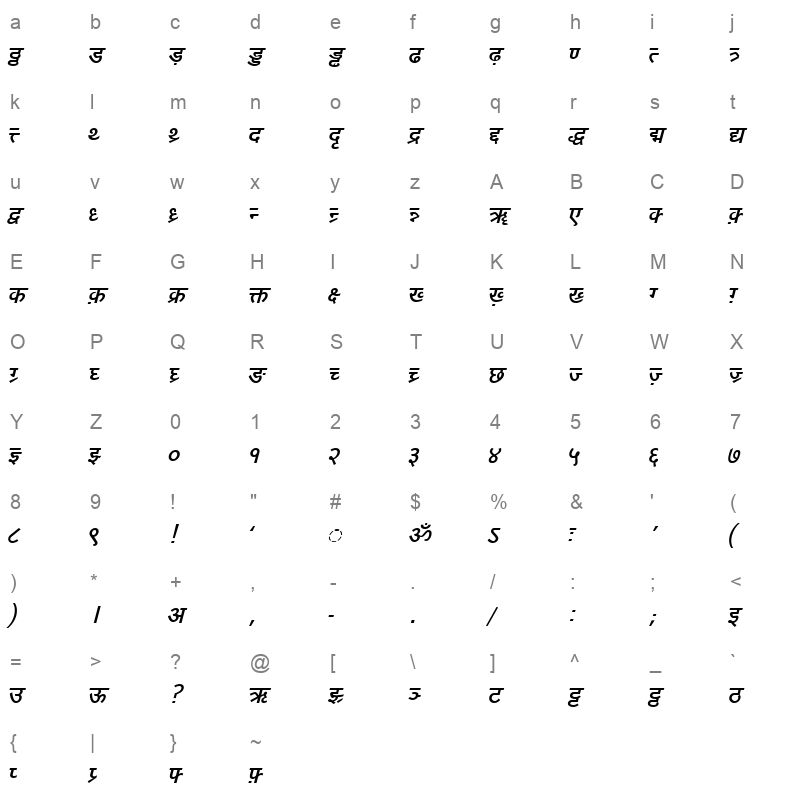 DV TTYogesh BoldItalic Character Map