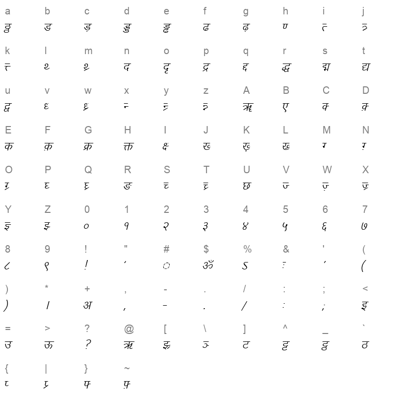 DV TTYogesh Italic Character Map