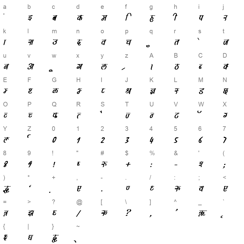 Maya Bold Italic Character Map