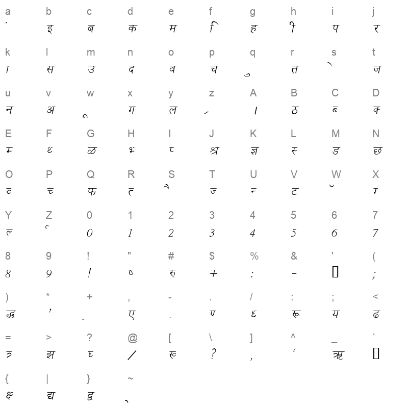 New Delhi Italic Character Map