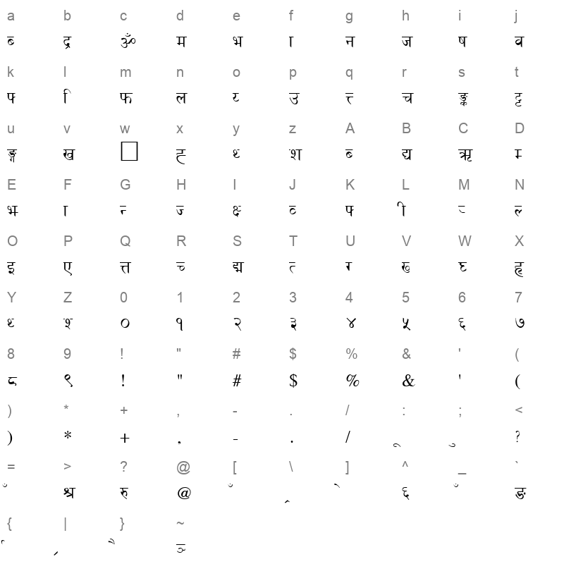 Spins EXT Regular Character Map
