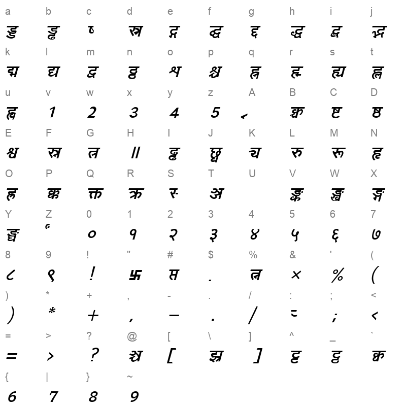 Yogeshweb Bold Italic Character Map